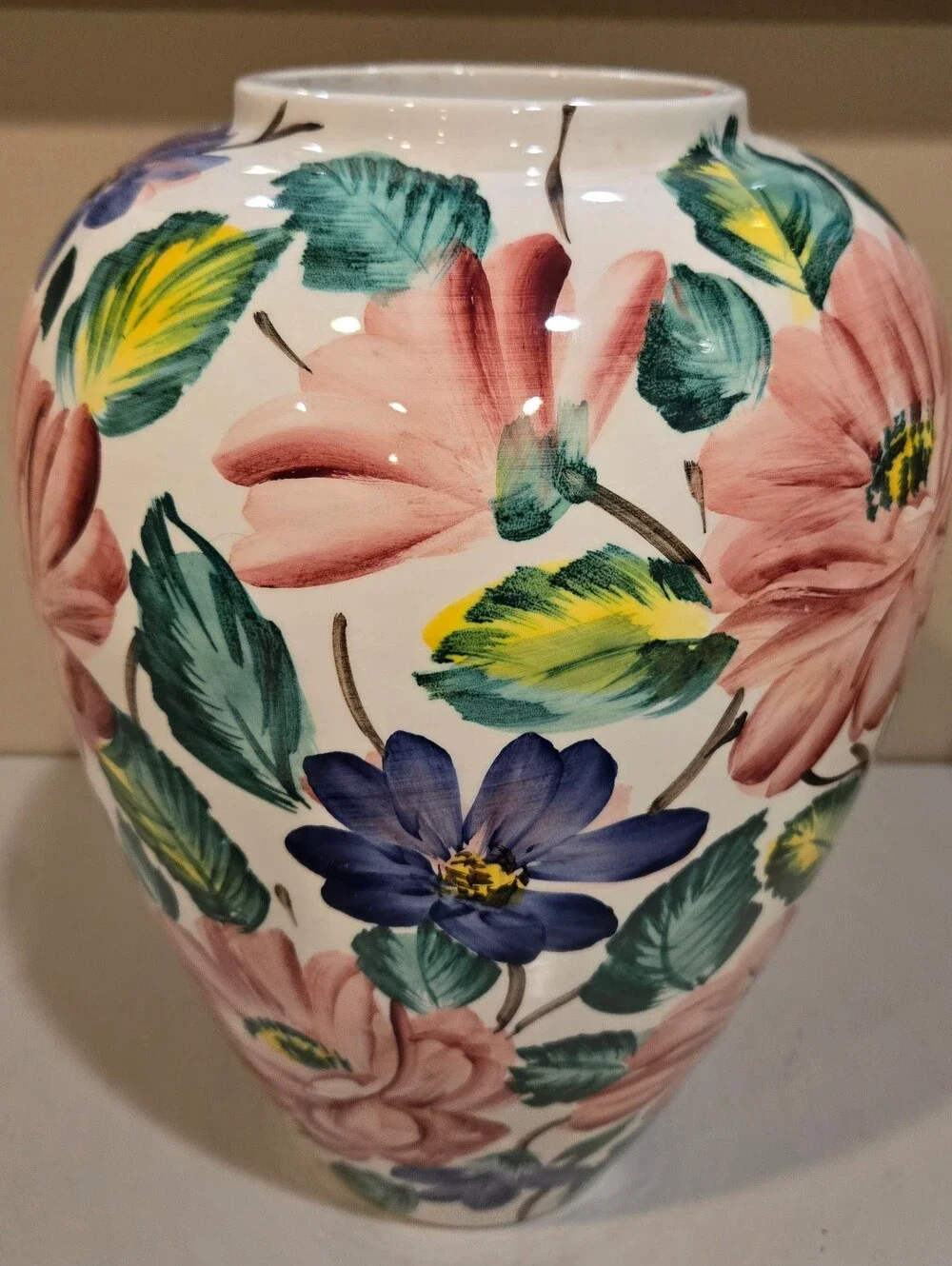 Hand-Painted Italian Floral Ceramic Vase in White, Pink, Blue & Green